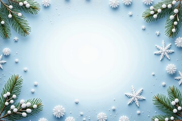 Festive winter background with snowflakes and pine branches on light blue.