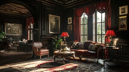 A luxurious living room with dark wood paneling, red velvet curtains, a leather sofa, a coffee table, and a rug.