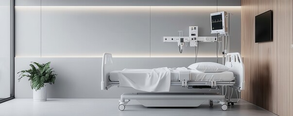 A modern, minimalistic hospital room featuring a medical bed, monitoring equipment, and a potted plant for a calming atmosphere.