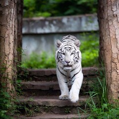 A white tiger cub walking down a staircase