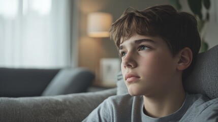 Preteen boy with serious expression sitting on sofa in living room, lost in contemplation, possibly facing emotional challenges or personal issues