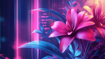 Obraz premium Sleek metallic flowers lit by neon lights in a dynamic Futurist setting
