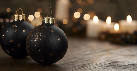 Black Christmas ornaments with golden decorations and bows on a wooden table against a blurred background of candles, close-up.