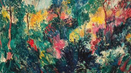 Expressive brushstrokes of vibrant trees in rich Post-Impressionist colors