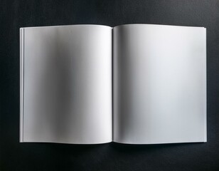 Opened Magazine or Brochure on black paper. Blank pages top view. Mockup template for your showcase