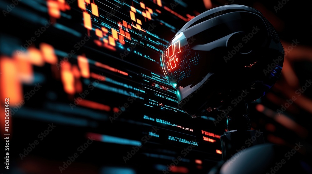 Poster futuristic robot with digital interface, exploring artificial intelligence and data analysis innovat