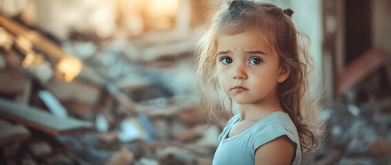 Little girl looking at the camera, a portrait of a sad child sitting in a destroyed house after an earthquake. The image has warm colors and a blurred background,