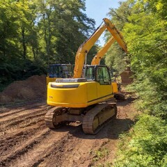 Team of 4 men with heavy machinery doing site clearance of a plot of land with lots of trees and bushes on a sunny day in england