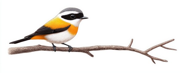 Fototapeta premium Bird perched on a branch, white isolate background