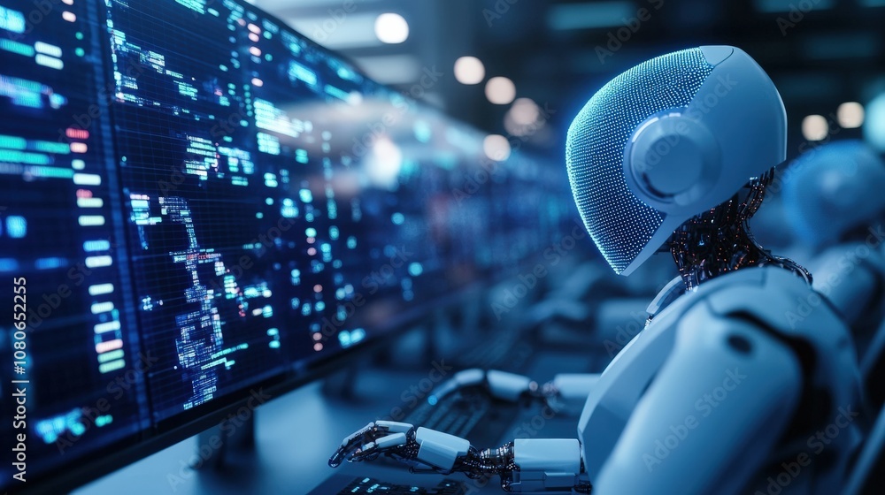 Poster futuristic robot working efficiently on multiple computer screens in a dimly lit, high-tech environm
