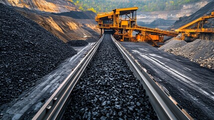 Coal conveyor belt system transporting coal from a mine.