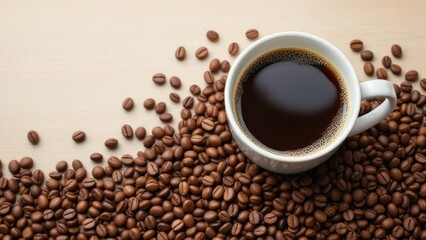 Naklejka premium Coffee cup filled with black coffee with coffee beans spread around it