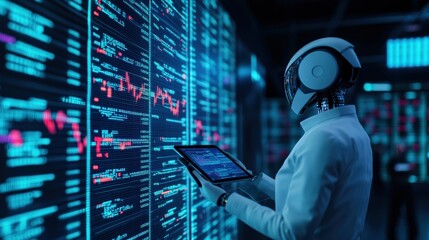 Futuristic robotic analyst with tablet examining data on digital screens in a high-tech environment.
