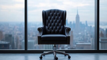 Fototapeta premium Luxury Executive Office with Panoramic City View and Blank Wall for Text
