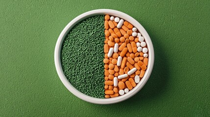 Food and Nutrition Concept. A divided bowl filled with vibrant orange, white, and green pills and granules on a grassy green surface.