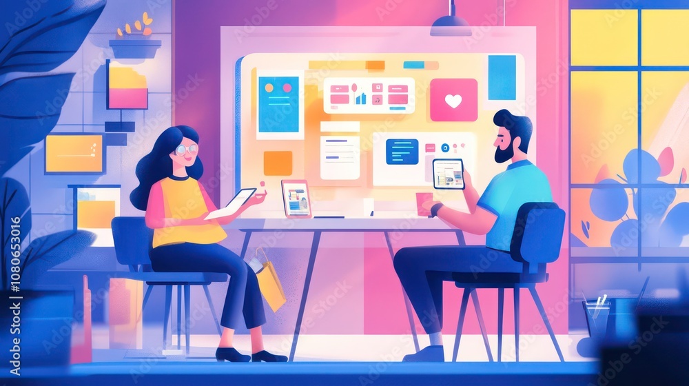 Aufkleber A man and a woman sit at a desk in a brightly lit office, collaborating on a project. They are looking at a large monitor with various digital charts and graphs. The woman is holding a tablet