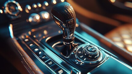 Leather-stitched shifter metallic highlights dashboard buttons blurred