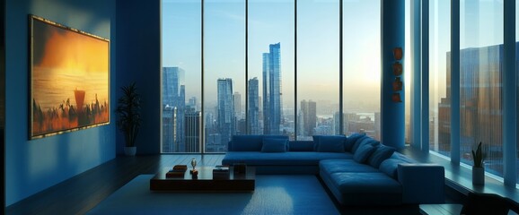 Blue Sectional Sofa in a Modern Apartment with City Views