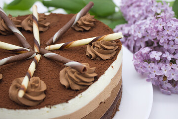 Chocolate Layer Cake with Lilac Decor