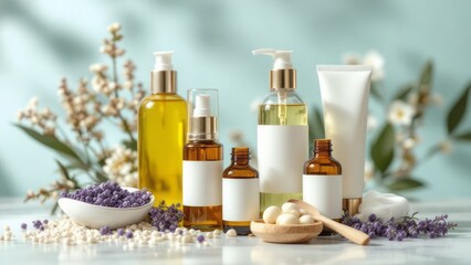 "Collection of natural essential oil bottles, wellness and self-care products, aromatherapy setup, organic skincare, holistic healing, natural beauty