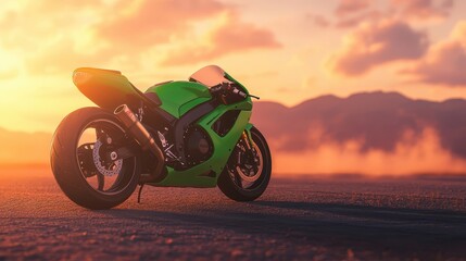 Green bike parked horizon stretches colors warm serene desert view