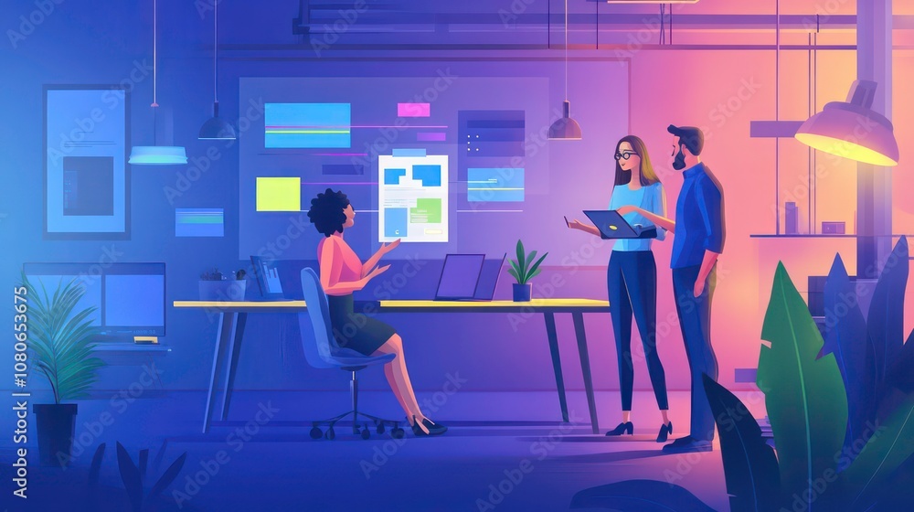 Aufkleber A man and a woman sit at a desk in a brightly lit office, collaborating on a project. They are looking at a large monitor with various digital charts and graphs. The woman is holding a tablet