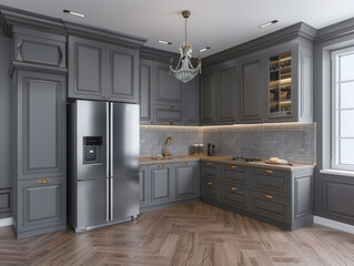 Fototapeta premium A modern kitchen with the neoclassical design style. The kitchen is well-lit and has a clean, minimalist design. 