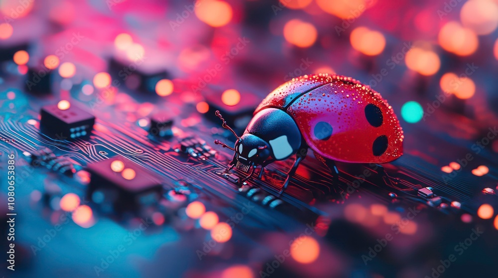 Aufkleber a ladybug crawls across a circuit board with red and blue lights in the background.