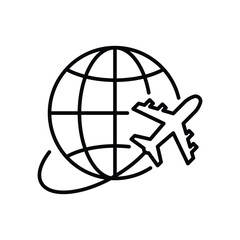 Globe plane icon. Simple outline style. Travel around the world, airplane, world map, globe, round, circle, transportation concept. Thin line symbol. Vector illustration isolated.