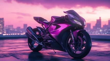 Early morning bike parked on rooftop skyline glows softly bike&rsquo;s sleek surface mirrors gradient dawn hues