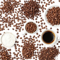 Obraz premium Coffee beans with cup and saucer on white background, close-up view of aromatic roasted coffee beans, morning energy and caffeine concept