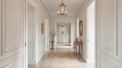 Luxury hallway interior with chandeliers, elegant design in bright white hallway, modern architecture, stylish corridor, luxurious home decor