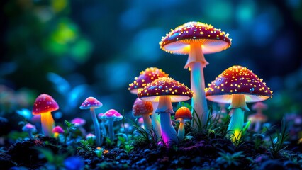 Glowing mushrooms in dark forest, magical and mysterious fungi, bioluminescent nature, fantasy scene of surreal forest with colorful light