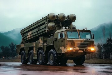 A heavy multiple rocket launcher is positioned on wet ground, showcasing its tactical capabilities during training