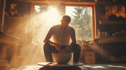 A potter sits on the floor, working on a pottery wheel in his workshop, with the sun shining in through a window behind him.