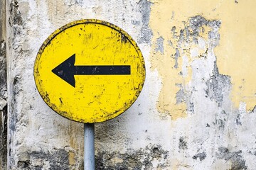 Worn Yellow Left Turn Arrow Sign on Weathered Wall