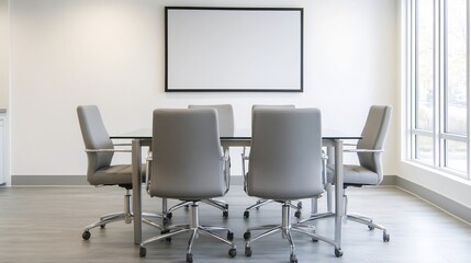 Empty Conference Room with Blank Wall Screen,Glass Table,and Chairs in Modern Professional Office