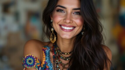 Smiling woman in vibrant attire, joyful expression, beauty portrait, positivity and confidence, traditional ethnic wear, cultural appreciation