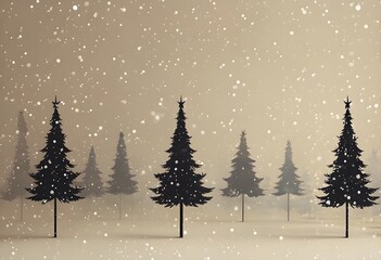 Obraz premium Christmas Tree Silhouettes in Falling Snow, Minimalist silhouettes of Christmas trees set against a pale beige or light brown background with delicate falling snowflakes, creating a peaceful scene. 