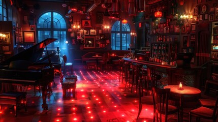 A dimly lit jazz bar with a piano, bar, and tables, featuring red lighting and a vintage atmosphere.