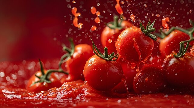 Fresh ripe tomatoes splashing in vibrant tomoto sauce with droplets of water.
