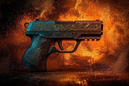 A high-tech pistol features a unique top-loading magazine and futuristic design illuminated by fiery colors