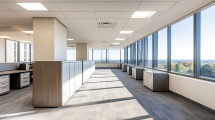 Obraz premium Bright and Spacious Open-Plan Corporate Office with Panoramic Windows and Empty Wall for Copyspace