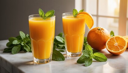 Refreshing Orange Juice with Mint Leaves