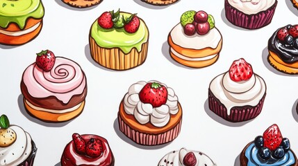 A vibrant collection of cupcakes with diverse toppings, perfect for bakery, dessert, and celebration themes.