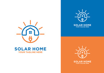 Fototapeta premium sun with house logo and electrical plug. solar energy and home design Icon Symbol sun logo with house logo. solar energy and home design brand template