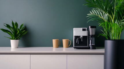 Modern and Minimalist Office Break Area with Coffee Machine and Ample Wall Space