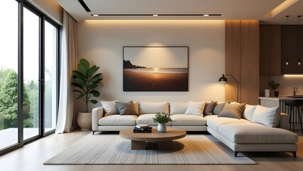 Fototapeta premium The living room features a comfortable couch placed centrally and a modern flatscreen TV mounted on the wall, creating a cozy atmosphere