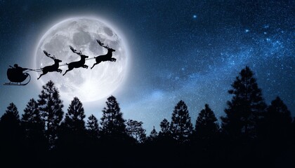 A silhouette of reindeer flying with Santa Claus in a sleigh against a full moon and starry sky over a forest of pine trees
