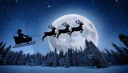 A silhouette of reindeer flying with Santa Claus in a sleigh against a full moon and starry sky over a forest of pine trees